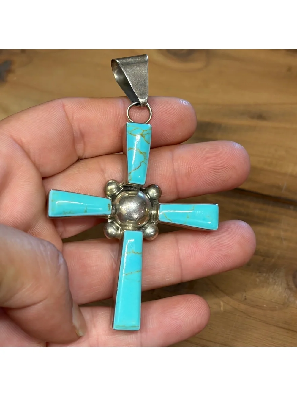 Sterling silver & turquoise colored inlay cross pendant vintage